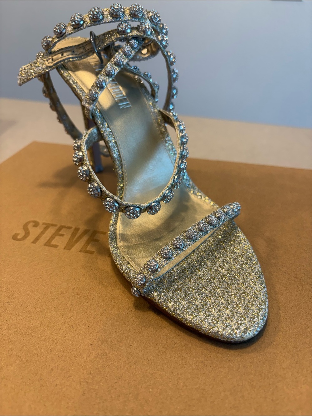Steve Madden Silver Glitter Crystal-Strap High Heel Sandal